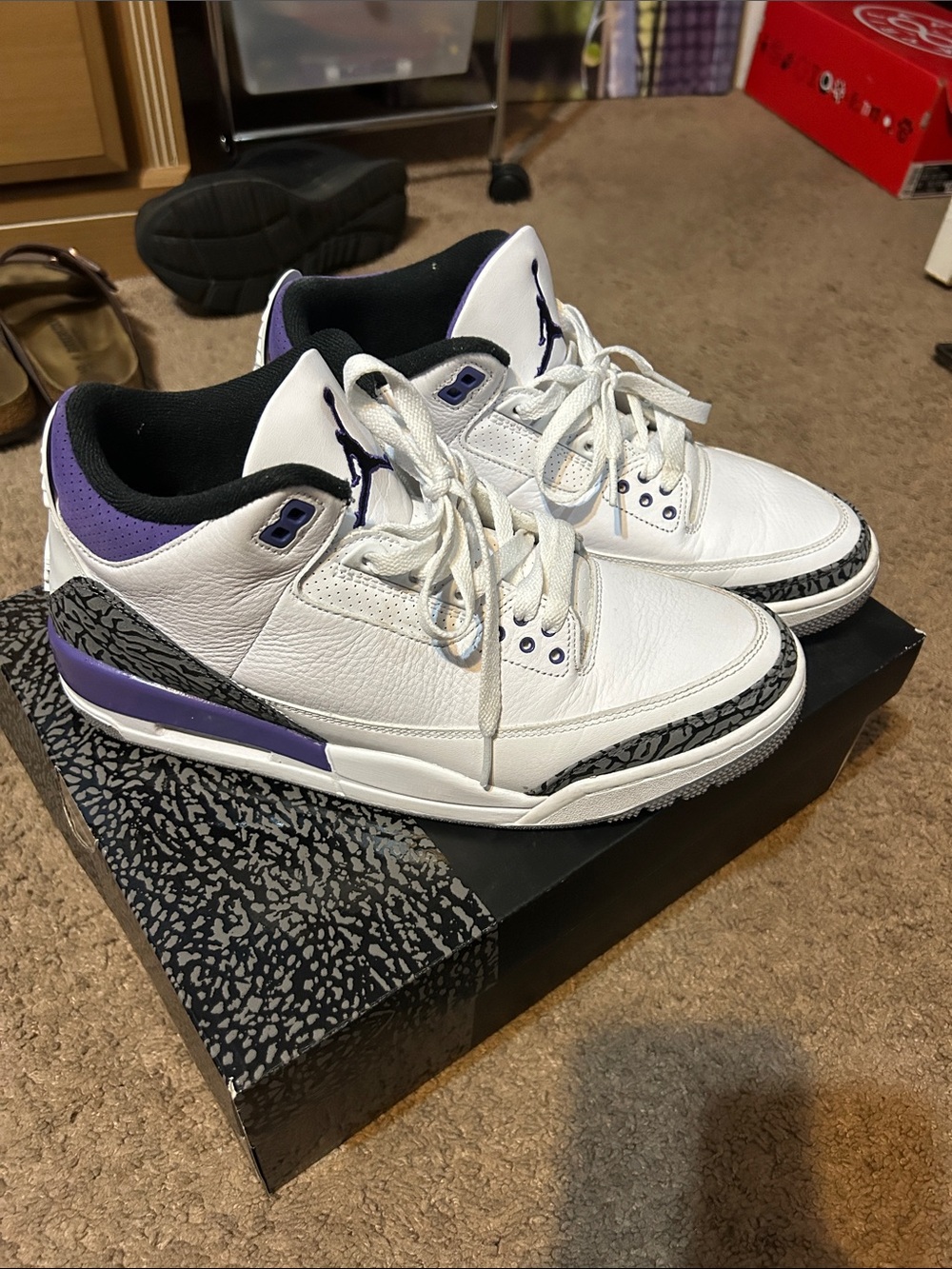 Jordan 3’s White and Purple Leather Basketball Sneakers